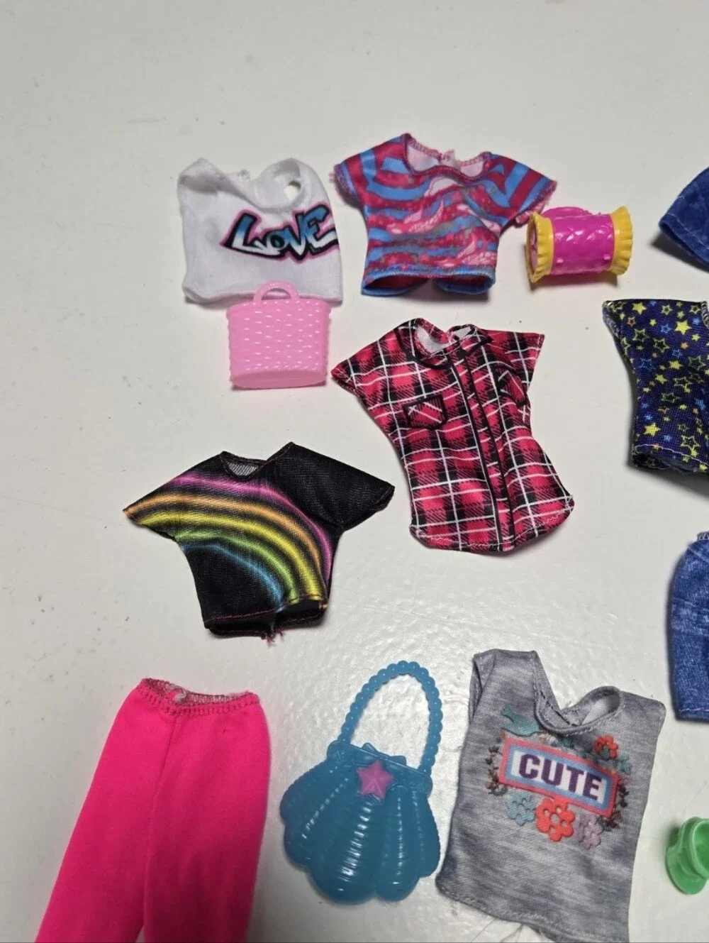 Lot Of Barbie Clothes 4 pants 3 shorts 9 shirts 2 pairs shoes 5 purses